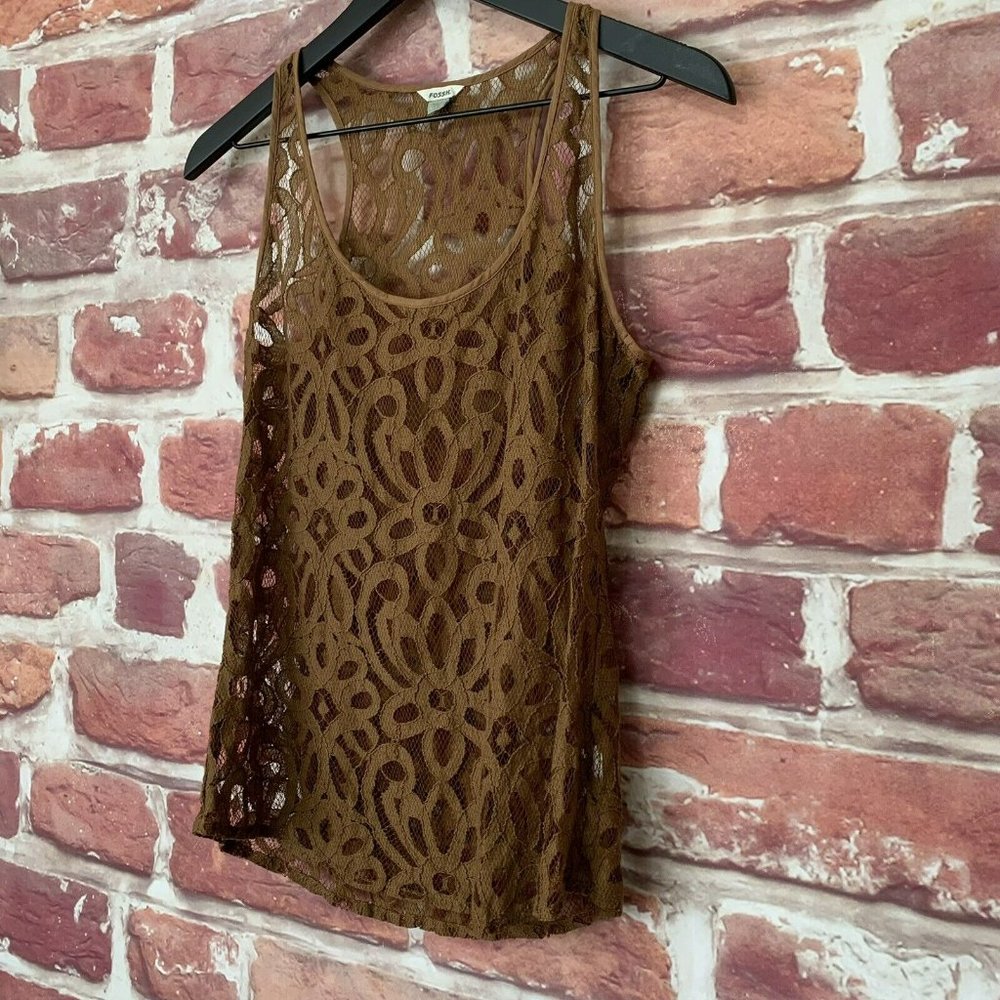 FOSSIL WOMEN'S TOP XS BROWN FLORAL EMBROIDERED MESH SHEER CASUAL CAMI TANK SHIRT - Picture 2 of 7